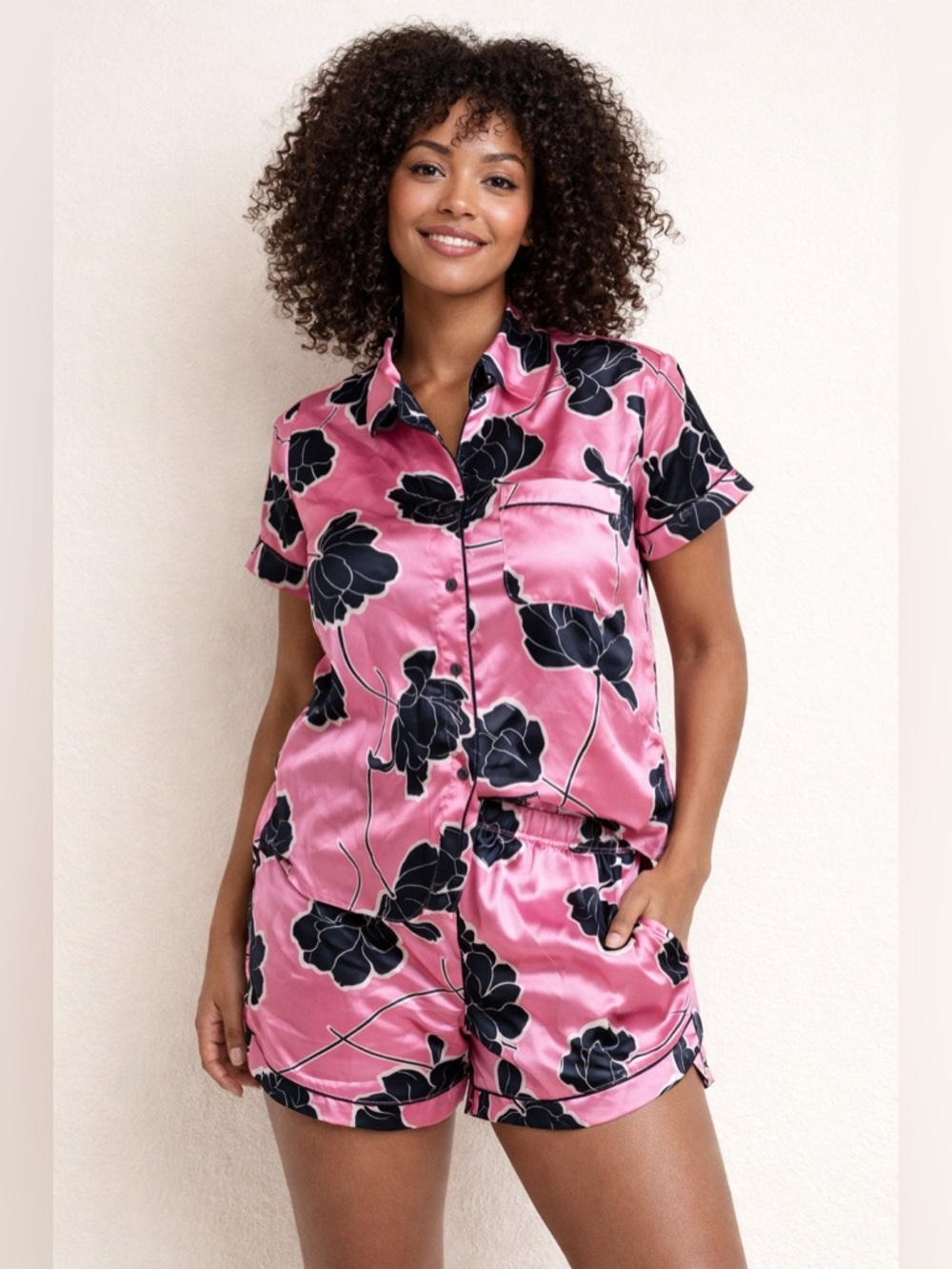 Stars Above Satin Floral Pajama Set Women’s Medium Pink Black Silky Lounge Set